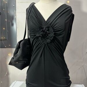 Carmen Marc Valvo Black Tank Top with Floral Accent Y2K